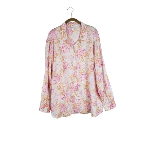 J. Jill Tops - J Jill Love Linen Button Up Shirt Pink Orange Coral Turtle Long Sleeve Size XL